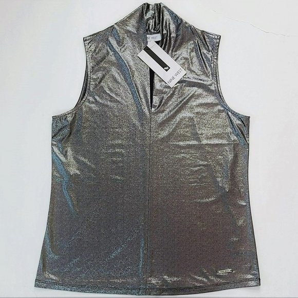 NWT NINE WEST Metallic Shimmer Foil V-Neck Top - Picture 5 of 6